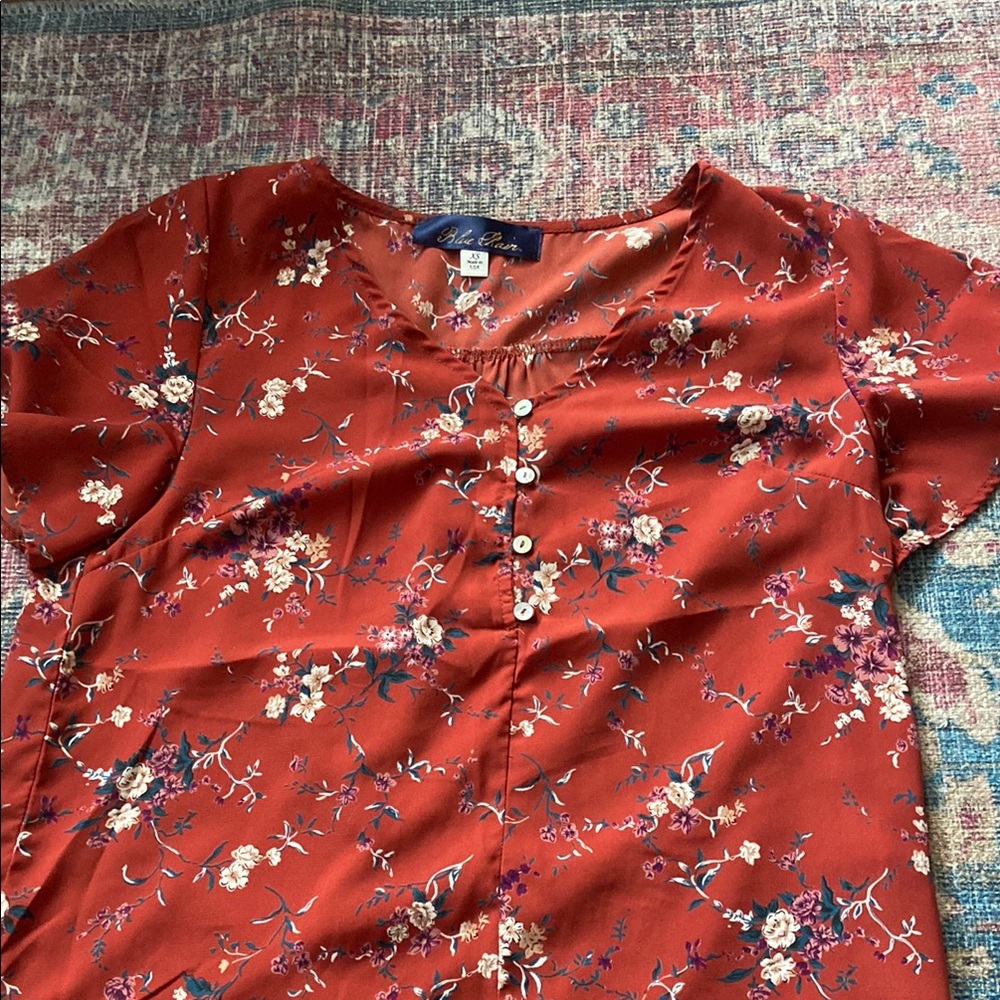 Blue Rain Red Buttoned Blouse